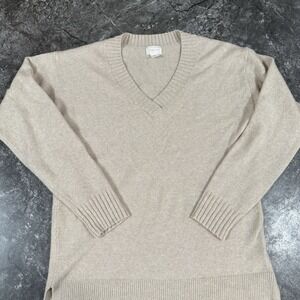Caslon Women's Merino Wool Blend V Neck Sweater‎ Heathered Beige Sz Small